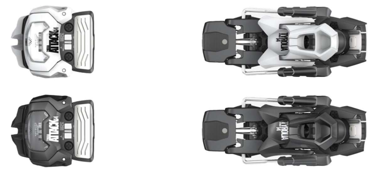 Tyrolia Attack 14 Ski Bindings 2024 - Black bindings with silver hardware and white lettering on top plate.