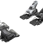 Tyrolia Attack 14 Ski Bindings 2024 - Black bindings with silver hardware and a white logo on top of the left binding.