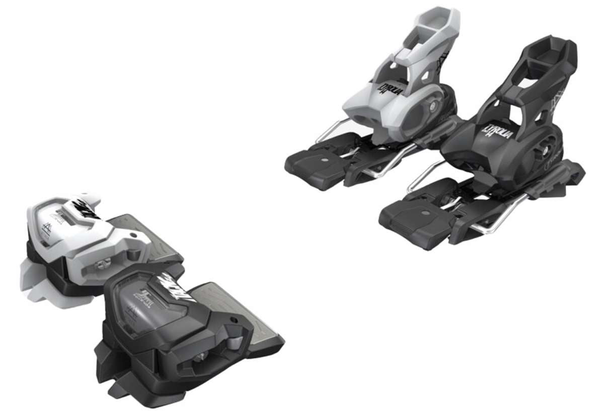 Tyrolia Attack 14 Ski Bindings 2024 - Black bindings with silver hardware and a white logo on top of the left binding.