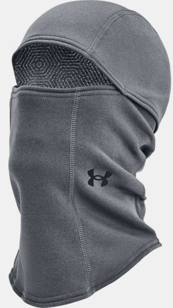 Under Armour Coldgear Balaclava - A gray balaclava with a geometric pattern on the top edge and an Under Armour logo in black on the front.