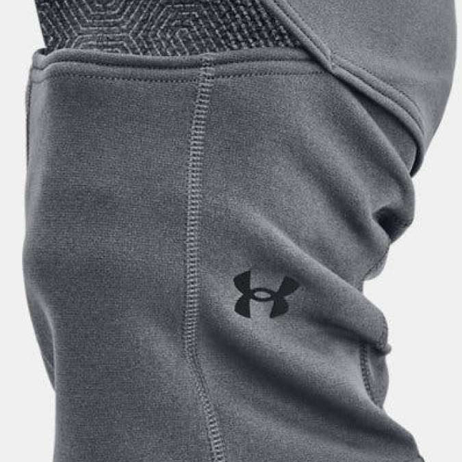 Under Armour Coldgear Balaclava - A gray balaclava with a geometric pattern on the top edge and an Under Armour logo in black on the front.