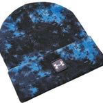 Under Armour UA Halftime Printed Beanie 2022-2023 - A navy blue beanie with a light blue tie-dye pattern and an Under Armour logo patch on the front.