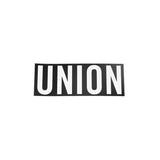Union - A rectangular sticker with a black background, featuring white block lettering that reads "UNION" in all capital letters.