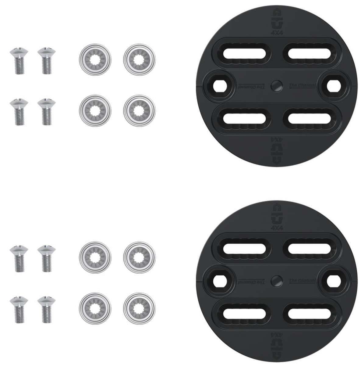 Union Camber Disk Set 2024 - Two black plastic disks with four holes each, stacked vertically on a white background.