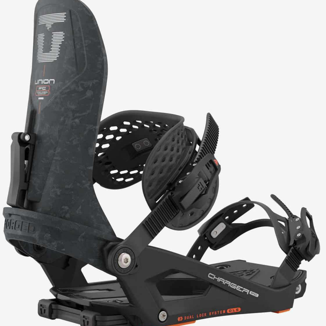 Union Charger Pro Splitboard Binding - Black binding with white logo on top strap, silver screws and bolts, and black straps with white stitching.