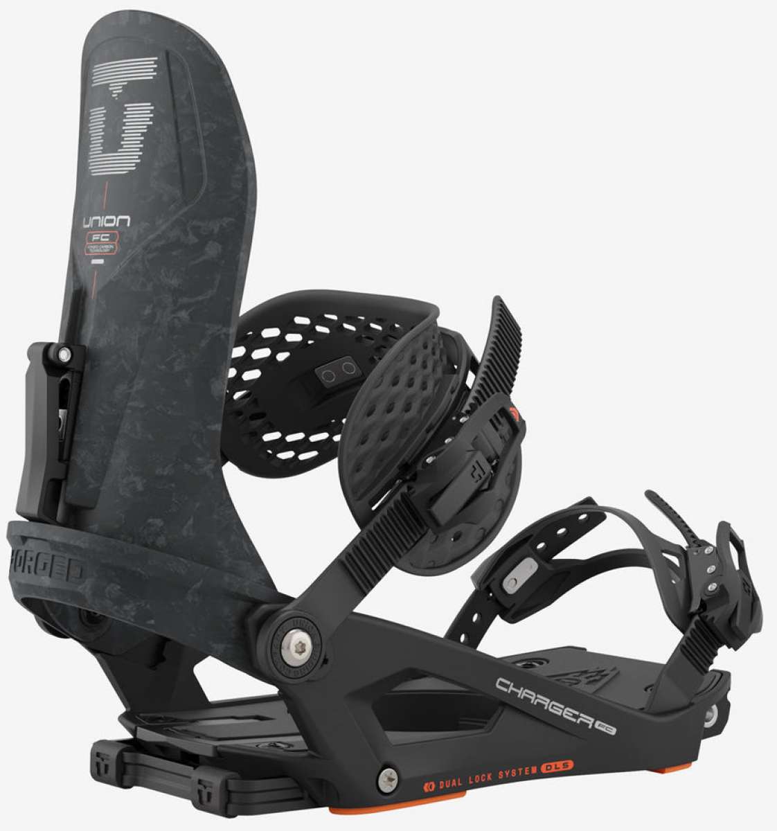 Union Charger Pro Splitboard Binding - Black binding with white logo on top strap, silver screws and bolts, and black straps with white stitching.