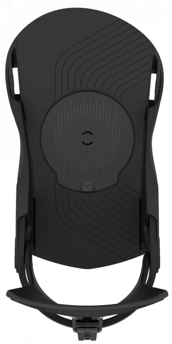 Union Flite Pro Snowboard Binding 2024 - A black snowboard binding with a circular logo on the front and two straps on either side.