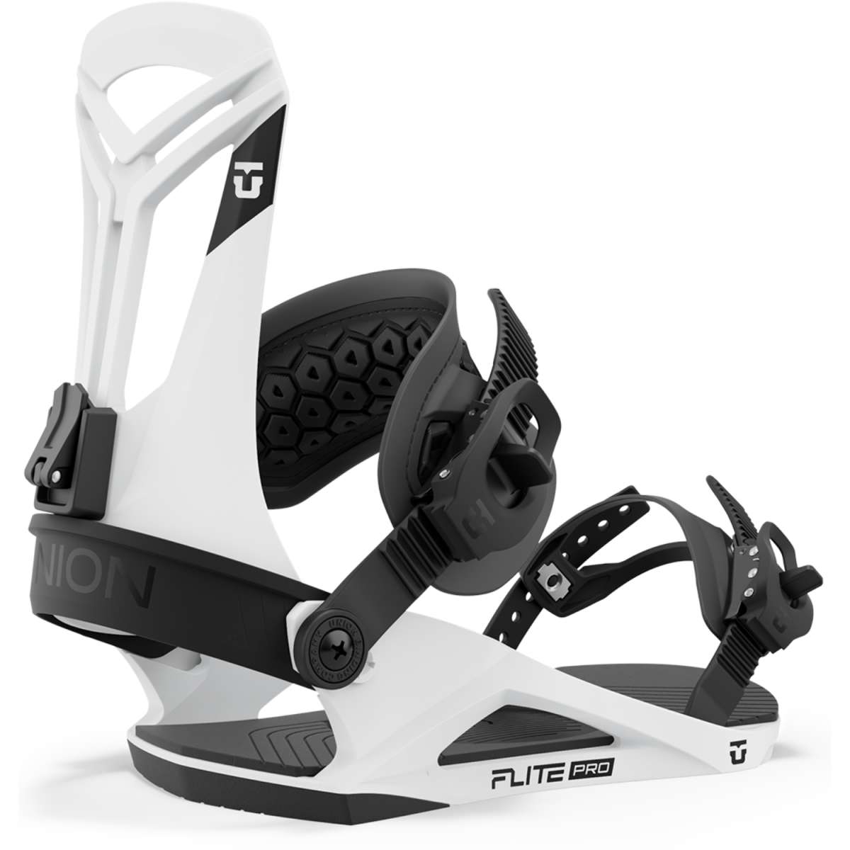 Union Flite Pro Snowboard Binding 2024 - A white snowboard binding with black buckles and straps, featuring a geometric pattern on the strap.
