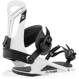 Union Flite Pro Snowboard Binding 2024 - A white snowboard binding with black buckles and straps, featuring a geometric pattern on the strap.