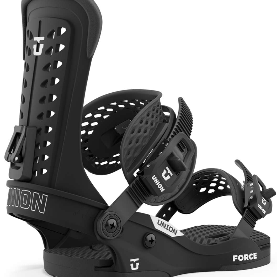 Union Force Classic Snowboard Binding 2024 - Black snowboard bindings with white lettering and logos.