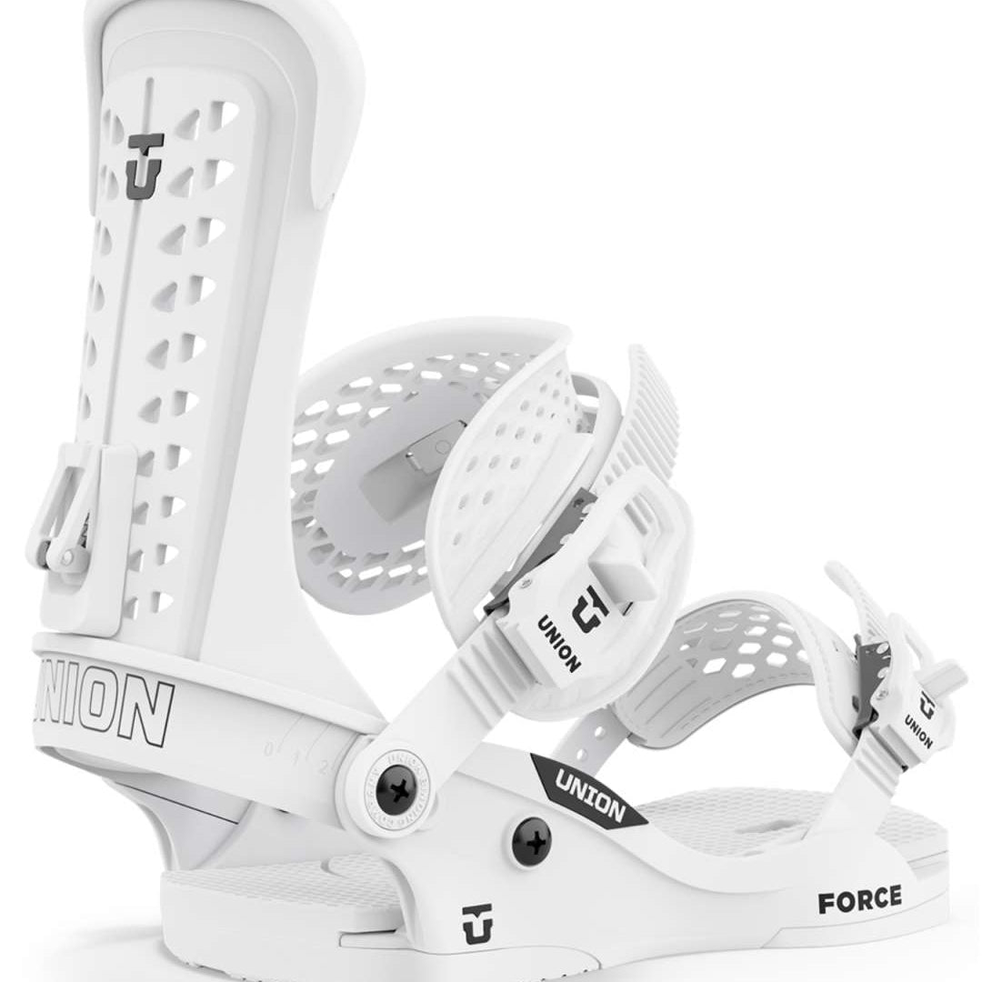 Union Force Classic Snowboard Binding - White snowboard bindings with black screws, straps and buckles.