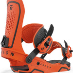 Union Force - Snowboard bindings with black buckles, straps, and screws on an orange base plate.