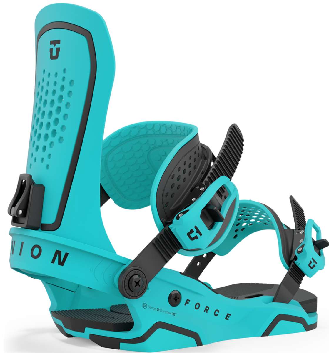 Union Force - Snowboard bindings with black buckles, straps, and screws on a light blue base.