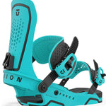 Union Force - Snowboard bindings with black buckles, straps, and screws on a light blue base.
