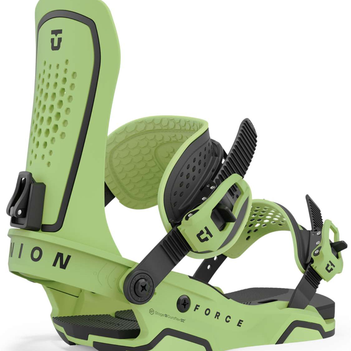 Union Force - Snowboard bindings with lime green plastic buckles, black straps, and a light gray base plate.