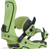 Union Force - Snowboard bindings with lime green plastic buckles, black straps, and a light gray base plate.