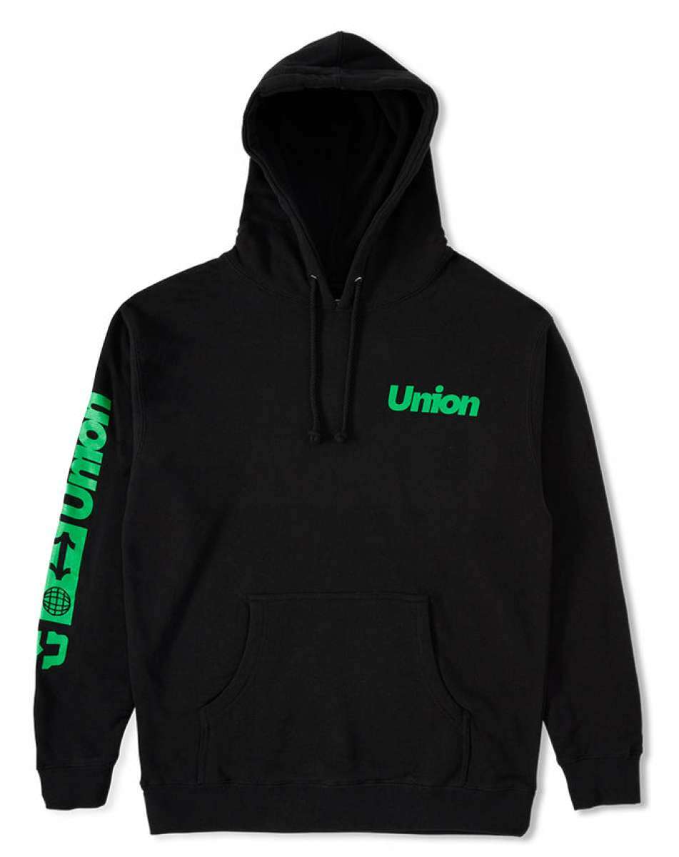 Union Global Hoodie - A black hoodie with green lettering on the chest and sleeve.