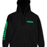 Union Global Hoodie - A black hoodie with green lettering on the chest and sleeve.