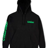 Union Global Hoodie - A black hoodie with green lettering on the chest and sleeve.