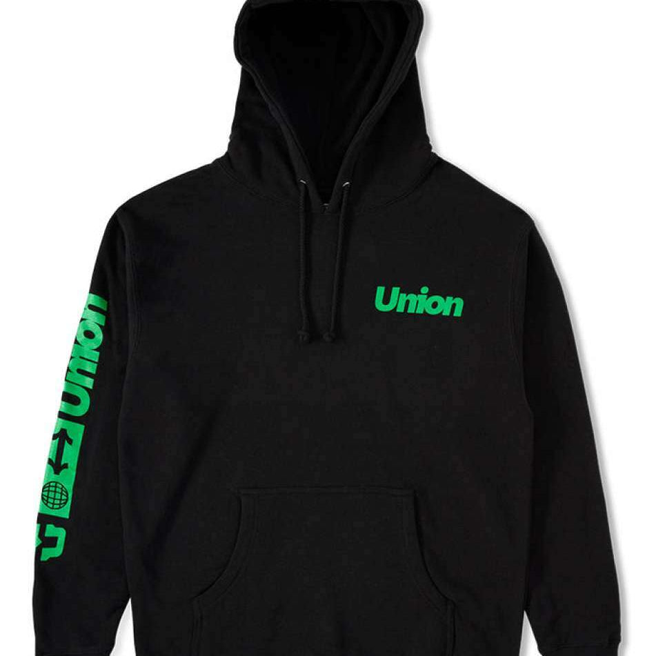 Union Global Hoodie - A black hoodie with green lettering on the chest and sleeve.