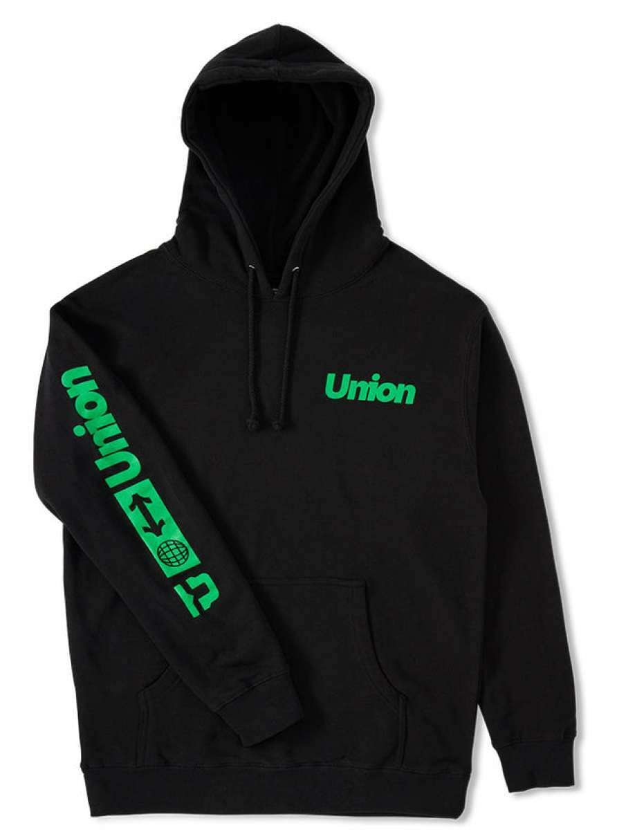 Union Global Hoodie - A black hoodie with a green logo on the chest and sleeve.