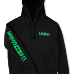 Union Global Hoodie - A black hoodie with a green logo on the chest and sleeve.