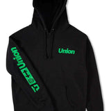 Union Global Hoodie - A black hoodie with a green logo on the chest and sleeve.