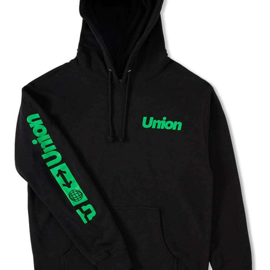 Union Global Hoodie - A black hoodie with a green logo on the chest and sleeve.