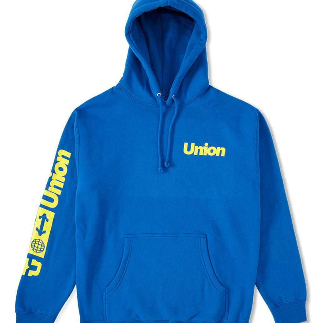 Union Global Hoodie - A royal blue hoodie with a white logo on the chest that reads "union" in bold letters.