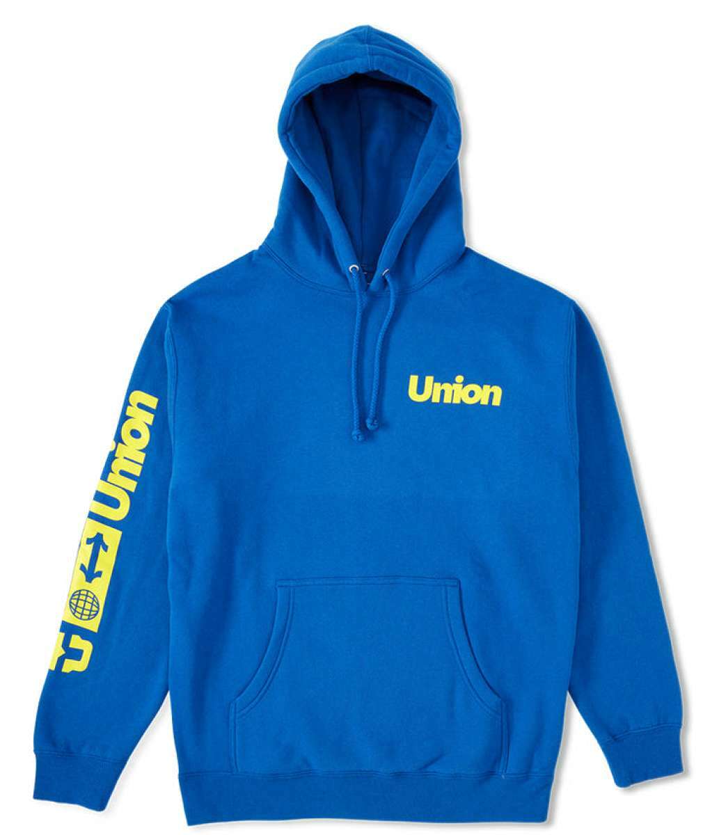 Union Global Hoodie - A royal blue hoodie with a white logo on the chest that reads "union" in bold letters.