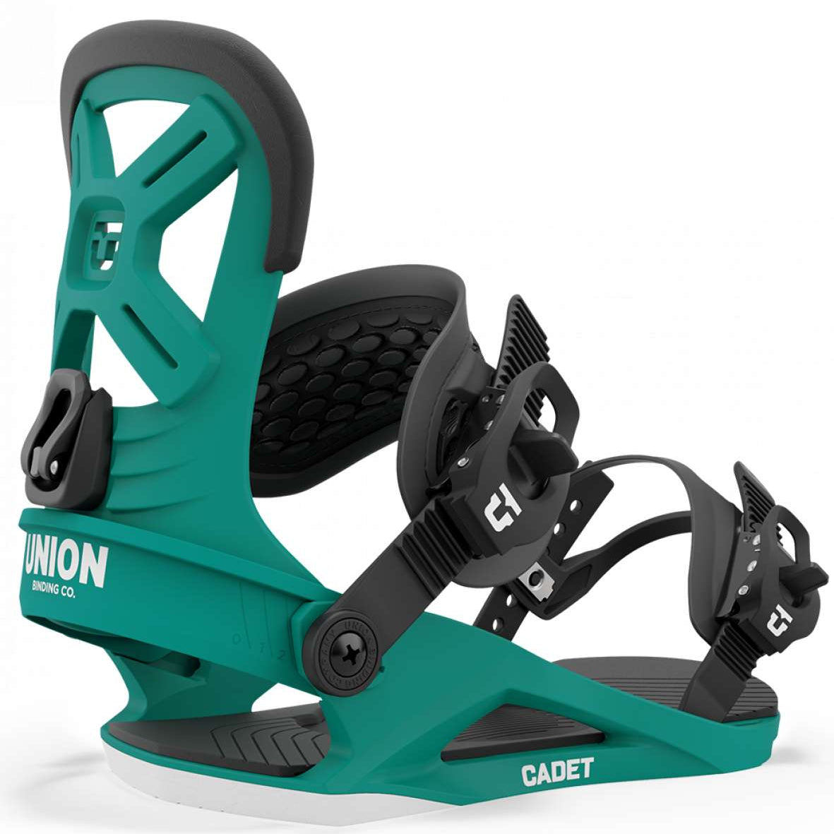 Union Junior Cadet Snowboard Binding - A green snowboard binding with a black strap and buckle, featuring a textured pattern on the baseplate.
