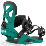 Union Junior Cadet Snowboard Binding - A green snowboard binding with a black strap and buckle, featuring a textured pattern on the baseplate.