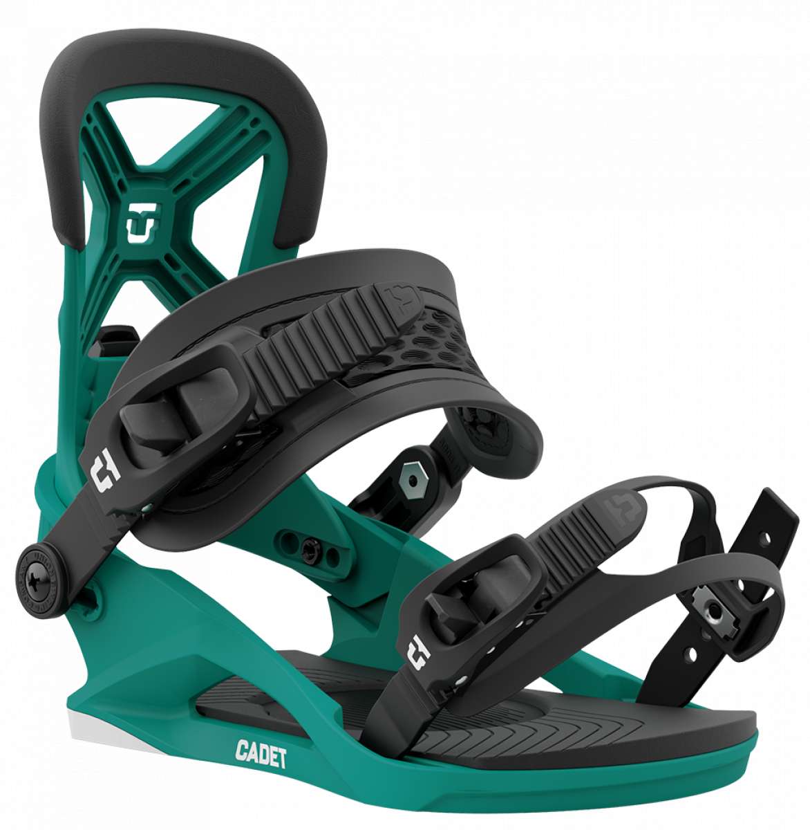 Union Junior Cadet Snowboard Binding 2024 - A green snowboard binding with a black strap and buckle, featuring a textured pattern on the baseplate.