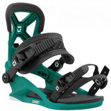 Union Junior Cadet Snowboard Binding 2024 - A green snowboard binding with a black strap and buckle, featuring a textured pattern on the baseplate.