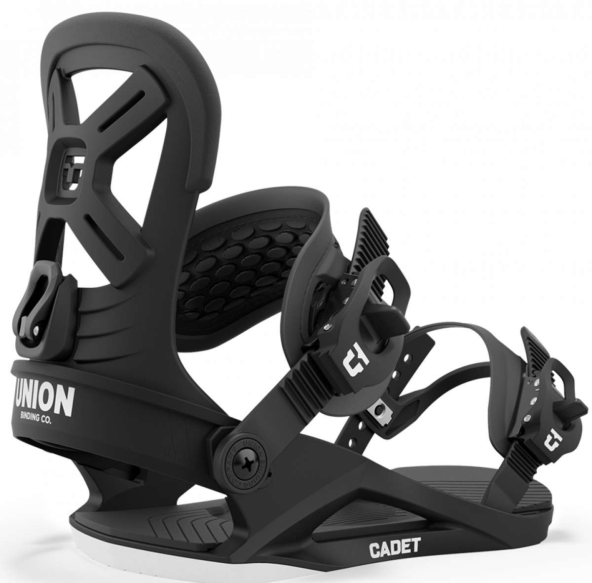 Union Junior Cadet Snowboard Binding 2024 - Black snowboard binding with white lettering and logo on straps.