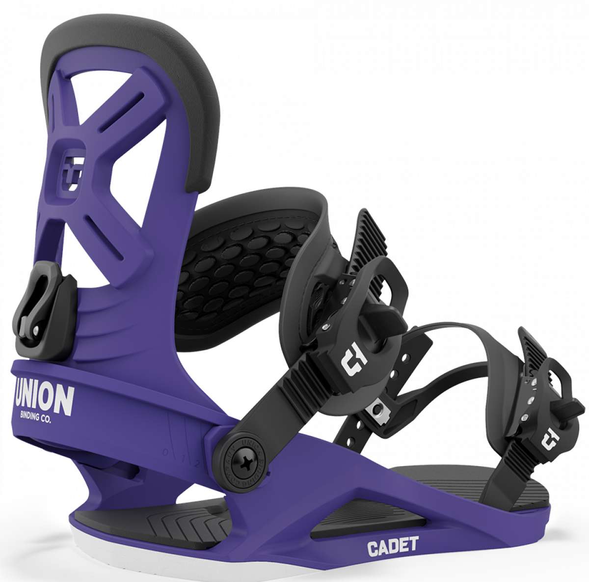Union Junior Cadet Snowboard Binding - A purple snowboard binding with a black strap and buckle, featuring white lettering that reads "UNION" on the side.