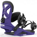 Union Junior Cadet Snowboard Binding - A purple snowboard binding with a black strap and buckle, featuring white lettering that reads "UNION" on the side.