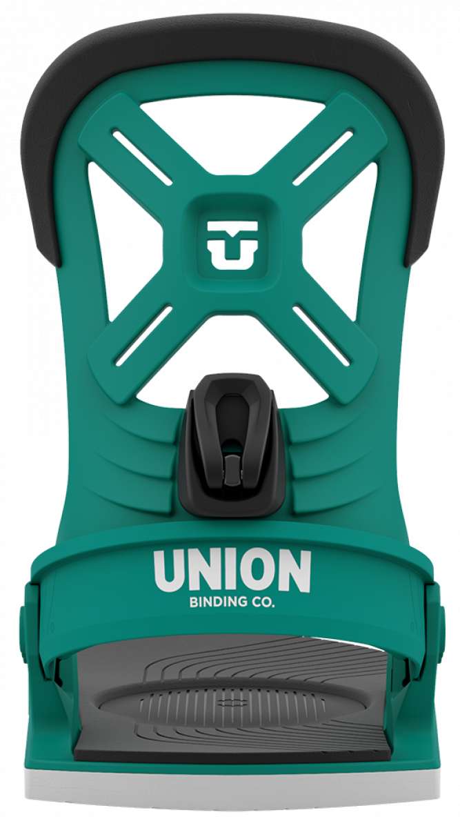 Union Junior Cadet Snowboard Binding 2024 - A green snowboard binding with a black strap and buckle, featuring a white logo on top.
