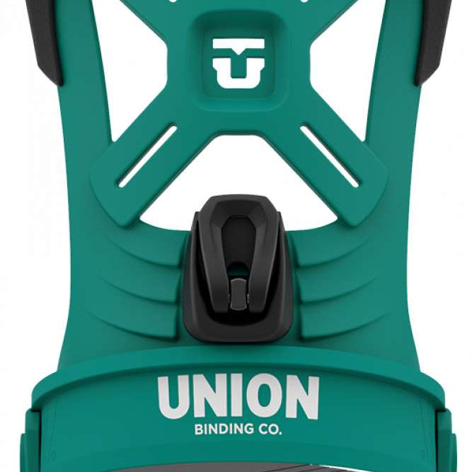 Union Junior Cadet Snowboard Binding 2024 - A green snowboard binding with a black strap and buckle, featuring a white logo on top.