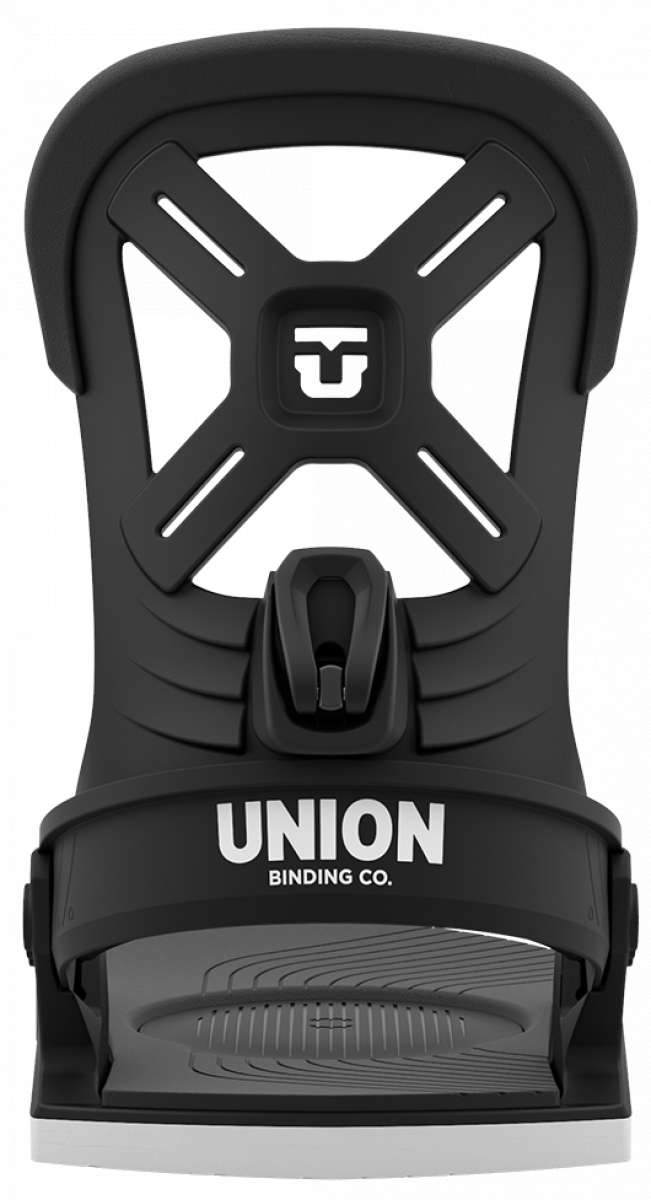 Union Junior Cadet Snowboard Binding 2024 - A black snowboard binding with a white logo on top and a gray base plate.