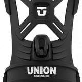 Union Junior Cadet Snowboard Binding 2024 - A black snowboard binding with a white logo on top and a gray base plate.