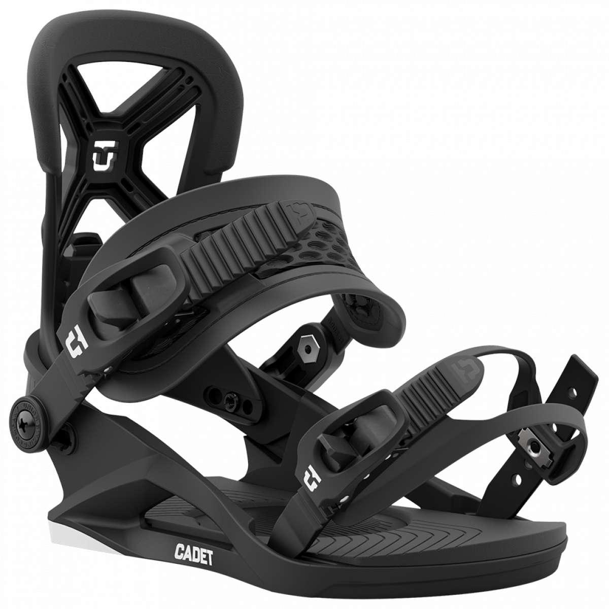 Union Junior Cadet Snowboard Binding 2024 - Black snowboard bindings with white lettering and logo on straps.