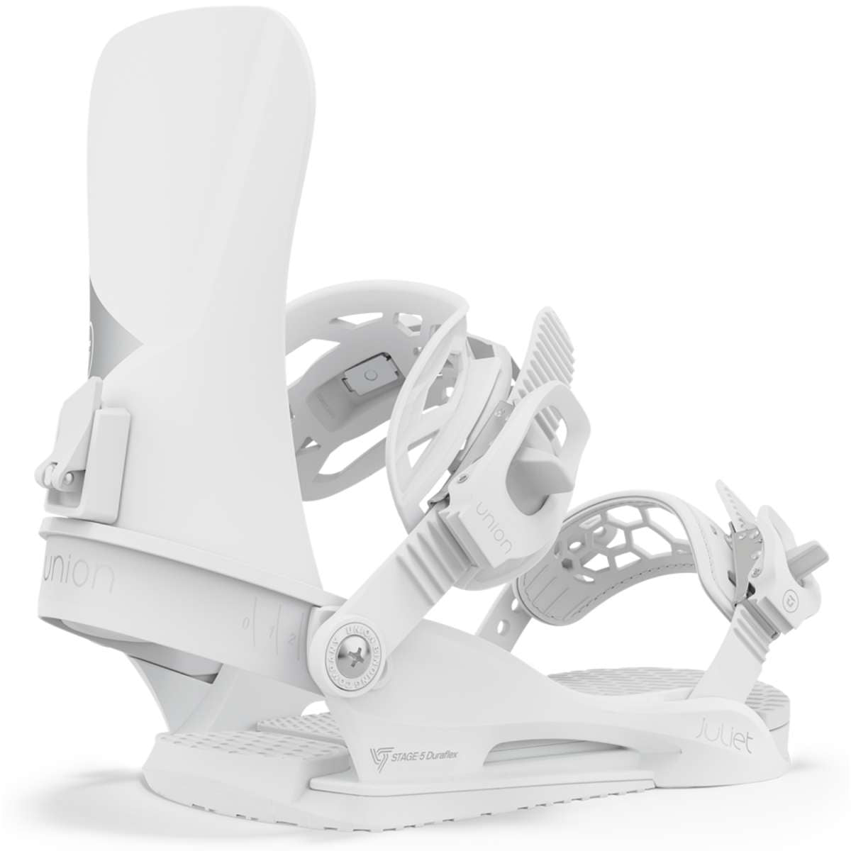 Union Women's Juliet Snowboard Binding - White snowboard binding with a distinctive circular metal component on the strap.
