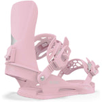 Union Women's Juliet Snowboard Binding - A pink snowboard binding with a silver buckle and strap, featuring a geometric pattern on the baseplate.