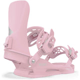 Union Women's Juliet Snowboard Binding - A pink snowboard binding with a silver buckle and strap, featuring a geometric pattern on the baseplate.