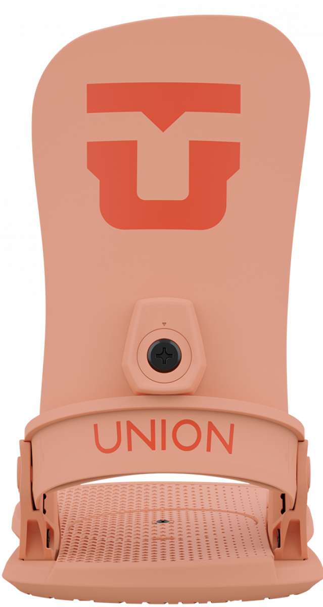 Union Women's Legacy Snowboard Binding 2024 - A light pink snowboard binding with a large "U" logo in coral on top, and the word "UNION" in coral on the front strap.