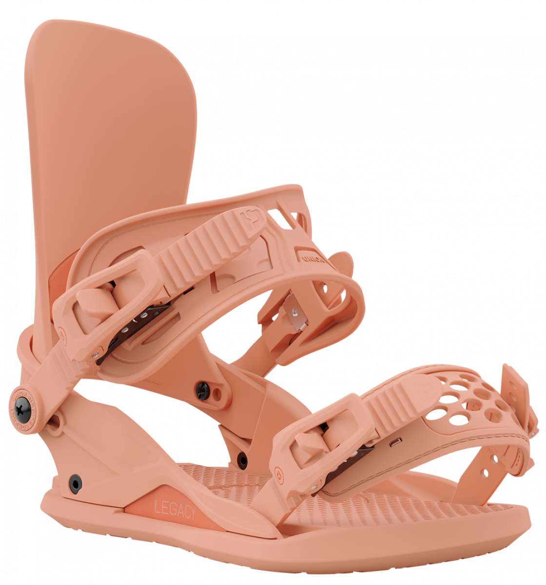 Union Women's Legacy Snowboard Binding 2024 - A salmon-colored snowboard binding with a textured footbed and silver buckles.