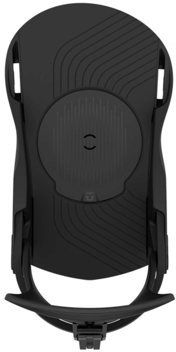 Union Women's Rosa Snowboard Binding - A black snowboard binding with a circular design on top, featuring a small logo in the center and two straps on either side.