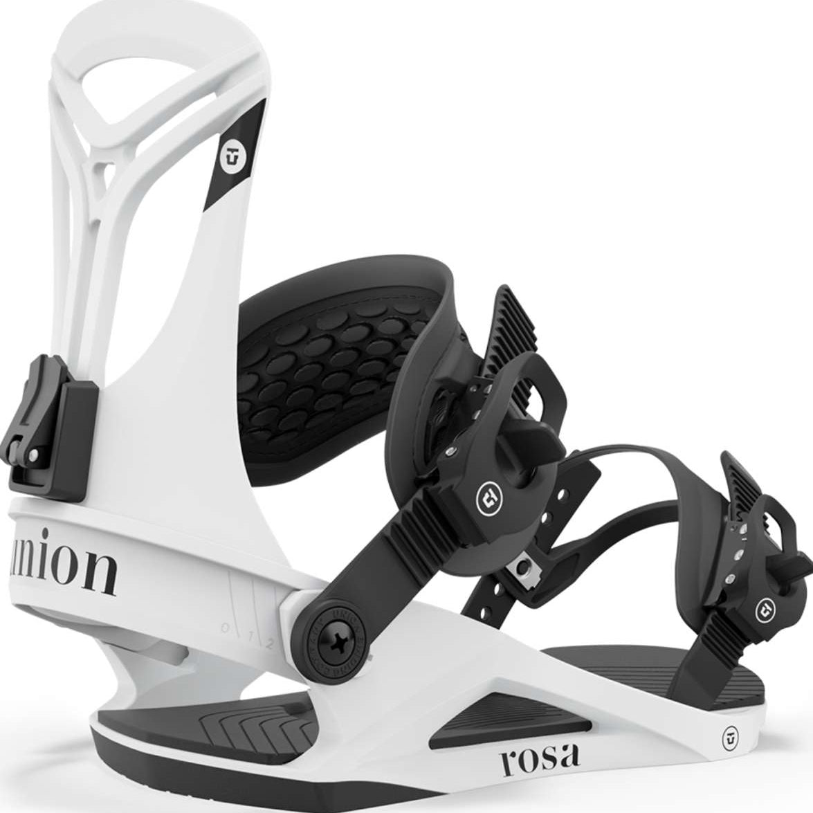 Union Women's Rosa Snowboard Binding - White snowboard bindings with black buckles and straps.
