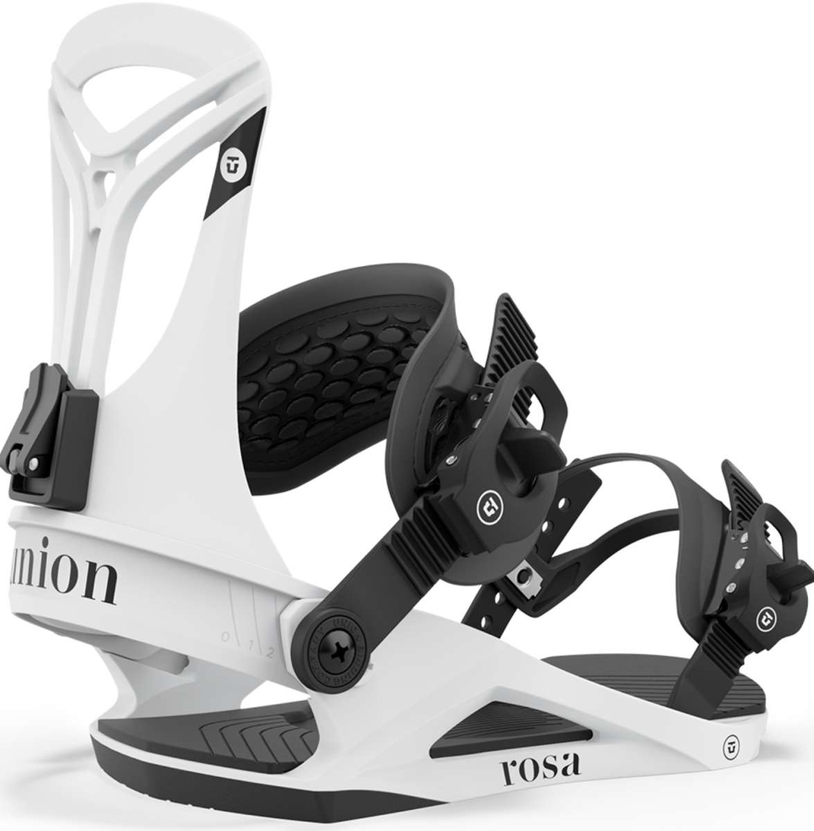 Union Women's Rosa Snowboard Binding - White snowboard bindings with black buckles and straps.